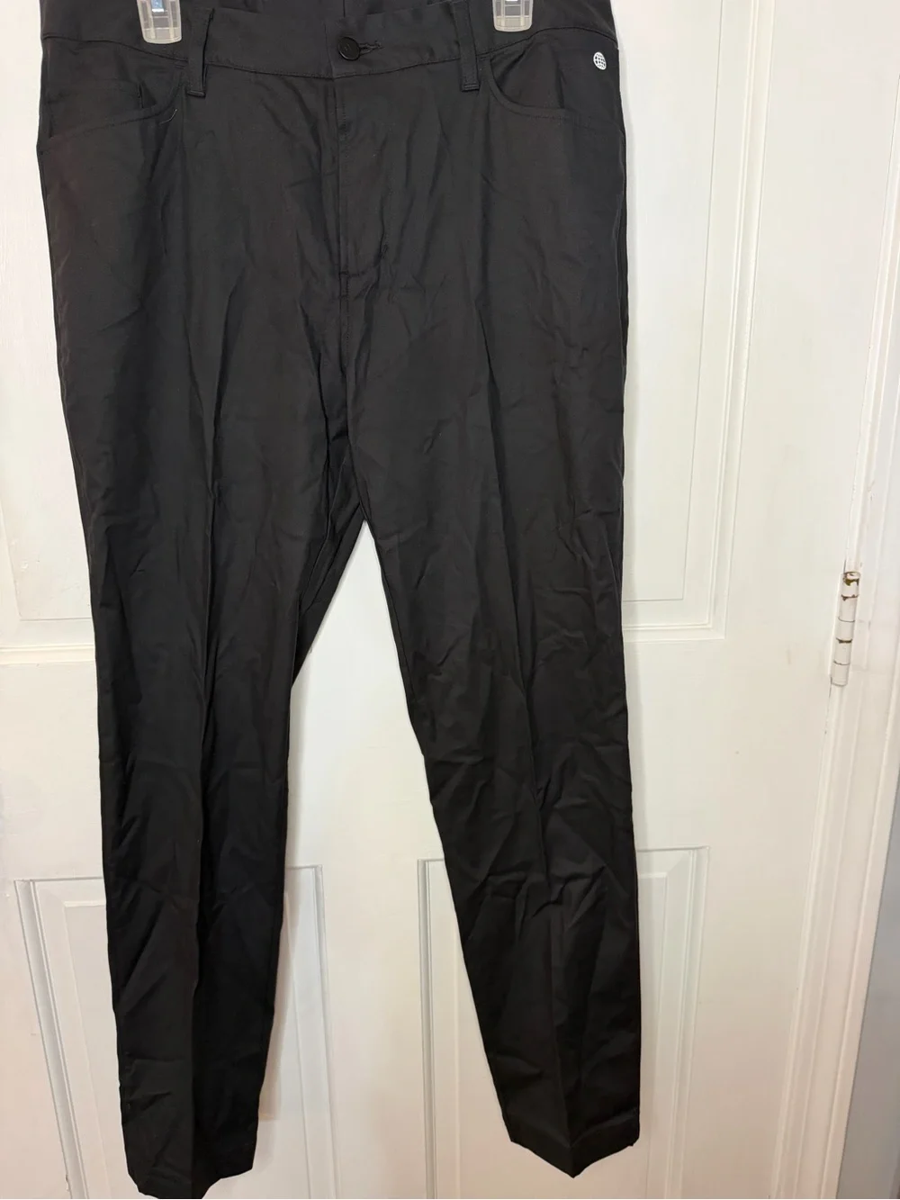 adidas Men’s Black Casual Golf Pants 34 x 32 Flat Front Button Logo Preppy